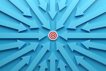 Wall Mural - business target goal setting and achievement. blue arrows pointing towards the button with target go