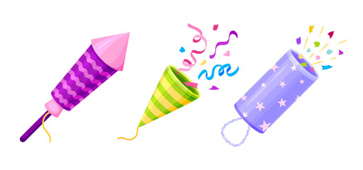 Firework rocket party popper colorful confetti flat set. Pink green purple clapper cracker burst cartoon holiday surprise paper ribbon firecracker icon birthday card surprise event greeting isolated