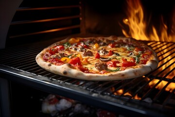 Wall Mural - Tasty looking pizza baking in oven, product photo for commercial, generative ai