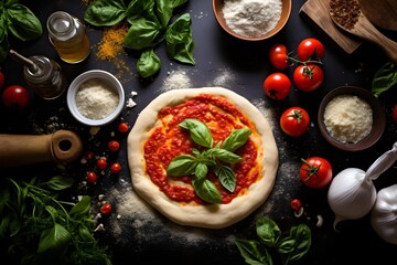 Wall Mural - Tasty looking pizza product photo with ingredients around it, knolling layout, birds eye perspective, generative ai