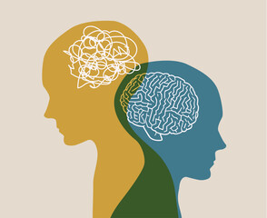 Metaphor bipolar disorder mind. Double face. Concept of mental health. Human head silhouette with brain inside, mind, illness, psychological. Dual personality. Tangle and untangle. Split personality 