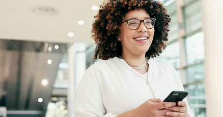 Wall Mural - Woman, face and walking in office with smartphone for social network, mobile website and digital contact. Portrait of happy worker typing on cellphone, reading business notification and app in lobby