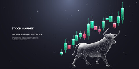 Wall Mural - Japanese candlesticks and a Bull on dark background. Abstract Stock market exchange or financial technology concept. Low poly wireframe vector illustration. Polygonal bull with futuristic elements.