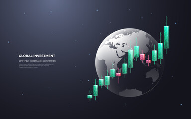 Leinwandbilder - Stock market signs. Technological graph chart growth on dark Globe background. The abstract digital conception of world economics or finance. Low poly glowing stock candlesticks. Vector image.