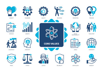 Core values icon set. Society, Teamwork, Ethic, Innovations, Freedom, Modesty, Social Responsibility, Support. Duotone color solid icons