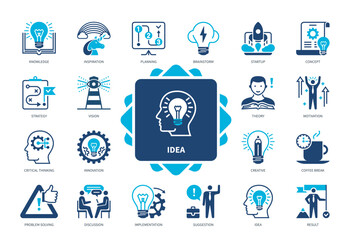 Idea icon set. Brainstorm, Testing, Startup, Knowledge, Imagination, Creative, Result, Implementation. Duotone color solid icons