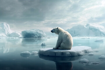 white polar bear sitting on melting ice floe glacier at arctic sea that facing to global warming sit