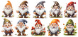 Sticker set of cute gnome with transparent background, png, generated ai