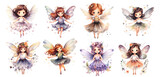 set of cute Fairy Girls in watercolor with transparent background, png, generated ai