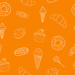 Wall Mural - sweets seamless pattern hand drawn in doodle style. food background, wallpaper, textile, wrapping paper, wallpaper