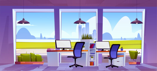 Wall Mural - Company office interior with furniture and cityscape skyscrapers view in large windows. Vector cartoon illustration of room with laptops and folders on desks, chairs, lamps. Business workspace