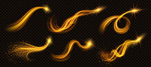 Realistic Set Of Golden Light Vortex Effects Isolated On Transparent Background. Vector Illustration Of Luminous Yellow Lines, Shiny Glitter Particles, Magic Wand Twirl, Glowing Christmas Decoration