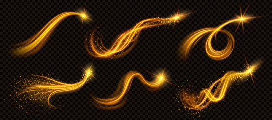 realistic set of golden light vortex effects isolated on transparent background. vector illustration