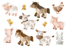 Cute Farm Isolated Animals Set. Watercolor Country Cow, Pig, Chicken, Rabbit, Horse Characters. Little Countryside Residents Collection, Nursery, Children Books, Posters, Apparel.