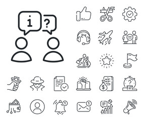 Poster - Job information sign. Salaryman, gender equality and alert bell outline icons. Interview line icon. Business meeting symbol. Interview line sign. Spy or profile placeholder icon. Vector