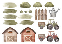Farm Scenery Elements, Isolated Illustrations Set. Watercolor Barns, Fence, Plants, Grass, Tractor, Trailer, Bush Drawings. Countryside Design Collection For Nursery, Children Books, Posters, Apparel.
