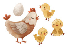 Cute Little Chicken Hen Family, Watercolor Farm Animals. Chicken Coop, Baby Book, Card, Poster, Nursery, Apparel. Hand Drawn Isolated Hen With Chicks And Egg.