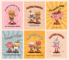 Collection Of Posters With Cute Cartoon Characters Of Coffee Takeaway And Pastries Donut, Chocolate Chip Cookie, Ice Cream And Cupcake. Desserts Food And Drink In Retro Groovy Style