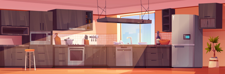 Home kitchen interior with modern furniture and clean tableware. Vector cartoon illustration of large room with brown drawers and cupboards, fridge, oven, dishes in sink, sun shining through window