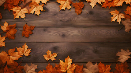 brown wood with autumn maple leaves, Generative AI 