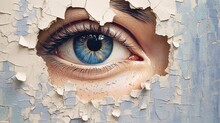 Generative AI, Woman Eye Looking Through A Torn Hole In Vintage Paper, Blue And Beige Colors Mural. Painted Hyperrealistic Female Art.