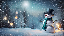 Merry Christmas And Happy New Year Concept. Happy Snowman Standing In Christmas Landscape, Snow Fall, Generative AI