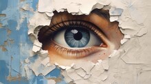 Generative AI, Woman Eye Looking Through A Torn Hole In Vintage Paper, Blue And Beige Colors Mural. Painted Hyperrealistic Female Art.