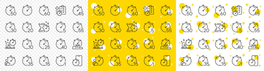 Poster - Hourglass, clock time and stopwatch. Timer line icons. Alarm countdown, sport measurement tool and 1 hour line icons. 10 minutes timer, time report, cook clock. Fast service, 60 seconds. Vector