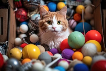 Wall Mural - cat playfully hiding in a box among toys and balls