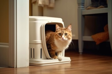 Wall Mural - cat cautiously peeking from behind a litter box