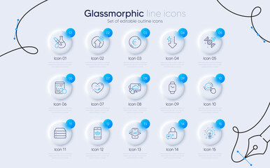 Set of Servers, Smartwatch and Euro money line icons for web app. Smile, 5g upload, Idea icons. Energy drops, Chemistry dna, Smartphone buying signs. Cloud computing, Internet report. Vector