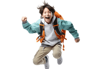Asian Schoolboy Jumping for Joy on Transparent Background. AI