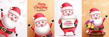 Christmas Santa Claus Characters Vector Poster Set. Merry Christmas And Happy New Year Greeting Card Collection With Santa Claus Character. Vector Illustration Holiday Season Postcard Lay Out Design.
