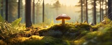 Fresh Healthy Mushroom In Green Sunny Coniferous Forest, Panorama. Generative Ai.