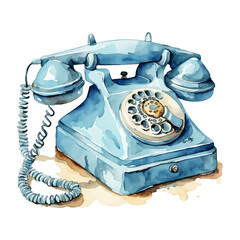 Blue Retro Telephone, PNG Clipart Image, Vintage Painted Watercolor Art, Generative AI