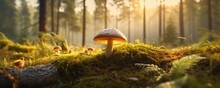 Fresh Healthy Mushroom In Green Sunny Coniferous Forest, Panorama. Generative Ai.