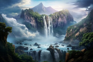 Wall Mural - a beautiful waterfall in a mountainous area. the beauty of nature. generative ai.