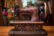 Vintage Sewing Machine With Ornate Details And Patterns