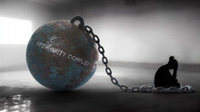 Inferiority Complex - A Metaphorical View Of A Woman Struggle With Inferiority Complex. Trapped Alone And Chained To A Burden Of Inferiority Complex. Constant And Strenuous Fight.,3d Illustration