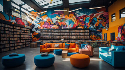 A modern urban library with a vibrant mural, hanging chairs, and a lively atmosphere 