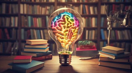 Day of Knowledge. A book with a light bulb on top as a symbol of an idea or invention.