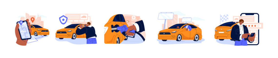 Carsharing service, rent car set. People share, booking, drive, fuel, parking, take photo, waiting, rate rental auto in app by smartphone online. Flat isolated vector illustration on white background