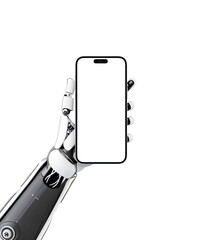 Fototapete - The robotic hand hold smart phone with isolated screen for mockup, app presentation. Artificial intelligence, cybernetics, tecnology concept