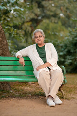 Wall Mural - Indian senior woman sitting on bench at park