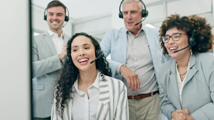 Sticker - Call center, applause and people success, target and sales celebration on computer for telemarketing teamwork. Consultant, agent man and woman clapping, excited and yes for winner and news in office