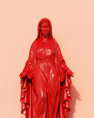 Virgin Mary red statue religious saint peach background Maria traditional icon 3d illustration render digital rendering