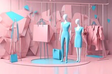 Clothes Mannequins A Hanger Surrounding By Bag And Market Prop With Geometric Shape On The Floor In Pink And Blue Color. 3d Rendering 