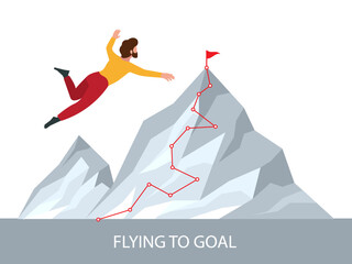 Poster - business goal. businessman flying to the big mountain visualization of line road. vector concept