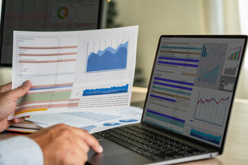 Poster - Businessmen work hard. Using analytics, Data analytics, statistics, information, Business Technology Intelligence (BI), and business strategy for finance statistic analysis