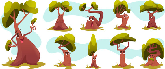 Tree character. Plants with expression faces old and young fairytale trees exact vector fantasy illustrations